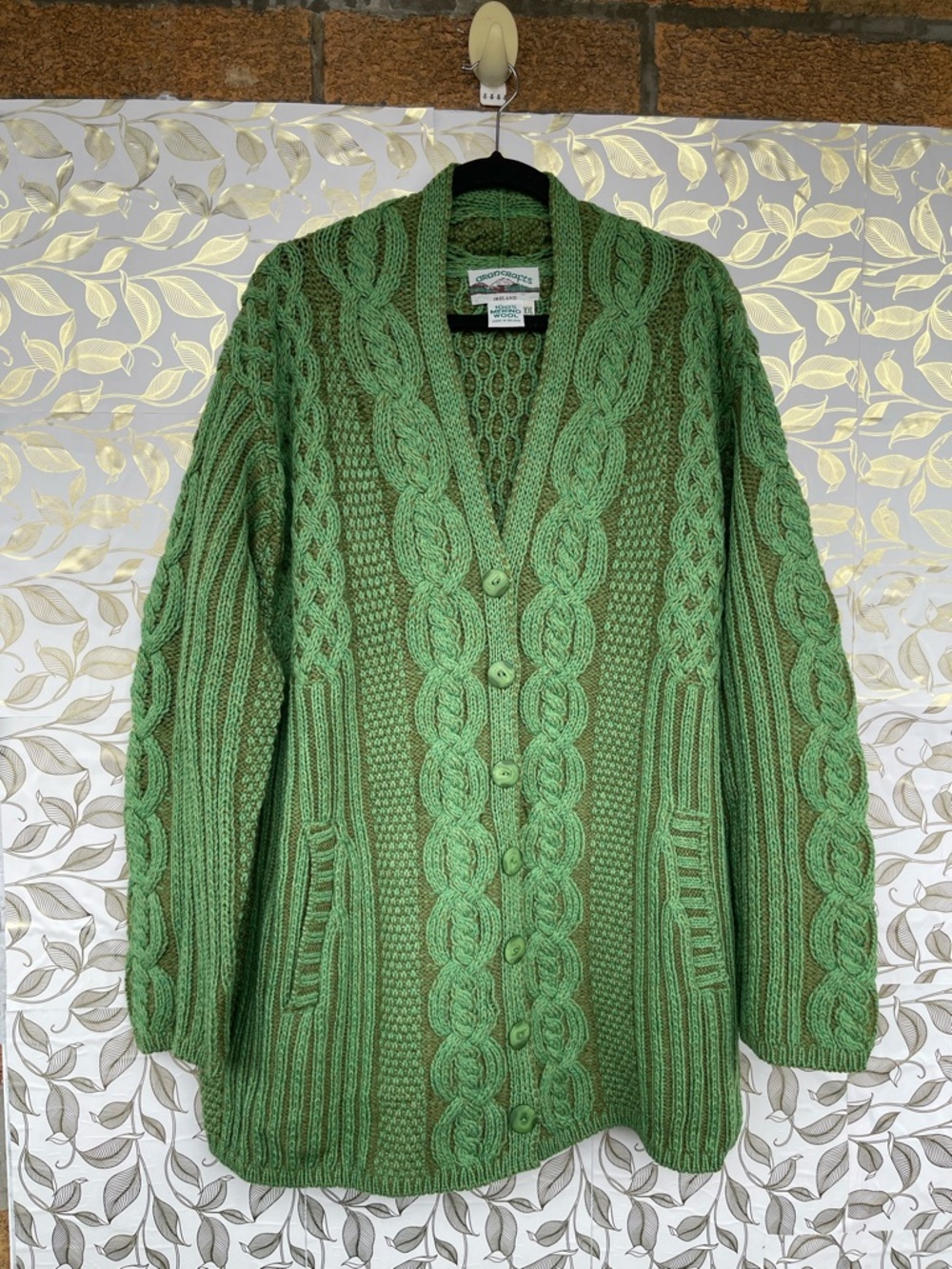 Aran Crafts Ireland Green Merino Wool Cable Knit Cardigan Sweater XXL Grandmacor